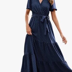 Maxi Dot Tiered Dress, Flowy, Vneck, faux wrap, short sleeve, size XL New